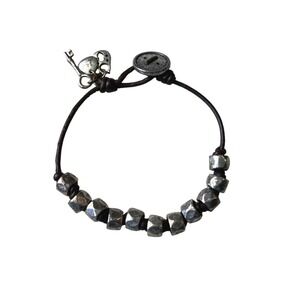 Fossil Leather Bracelet Silver Tone Beads Button Charm Key Heart Boho Jewelry